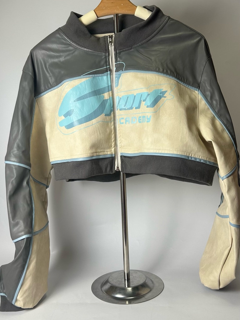 PrettyLittleThing Cropped Moto Jacket in Gray, Cream & Light Blue